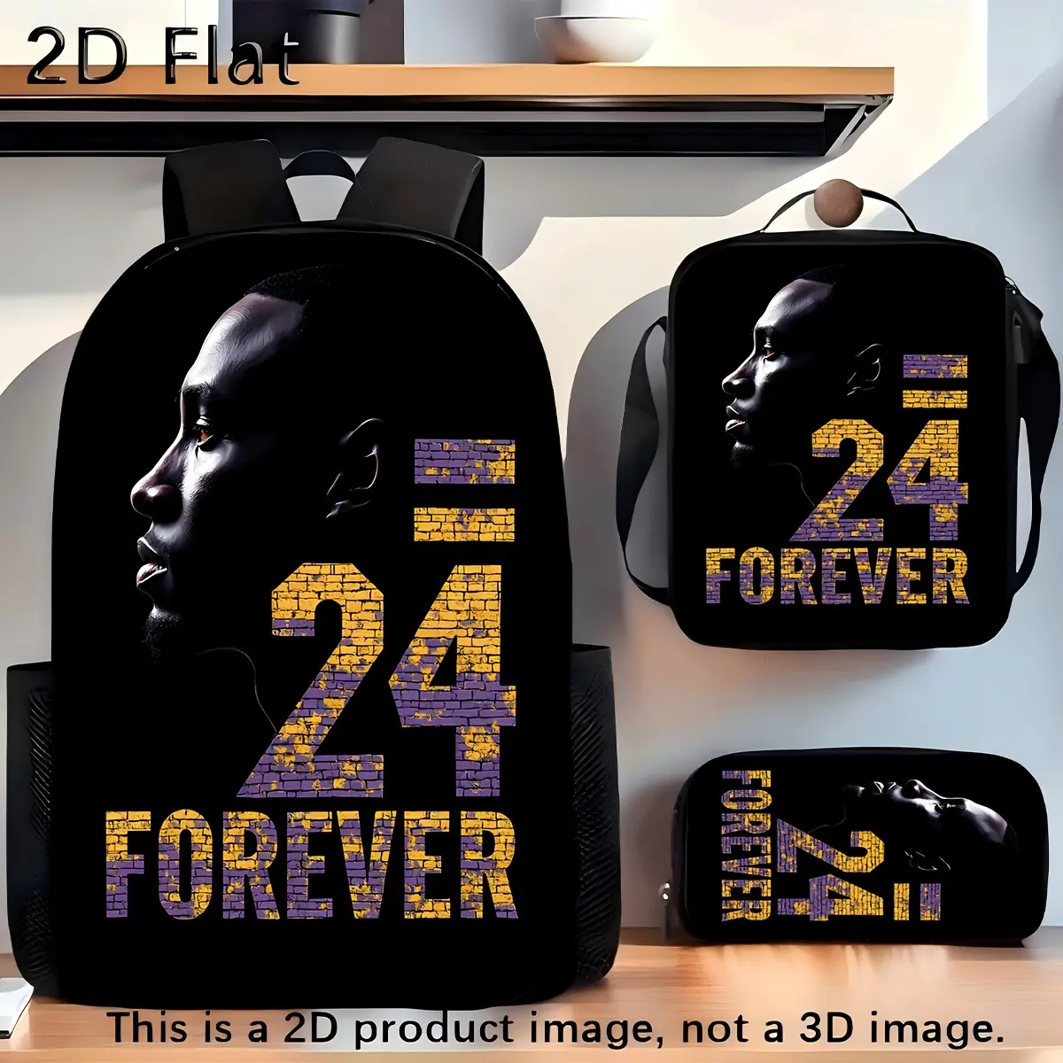 Durable Water Resistant 3-Piece Backpack Set for Kobe Bryant Fans, Lightweight School Bag with Lunch Box, Black Background Retro Brick Texture Kobe No.24 Forever Silhouette Print, Includes Large Rucksack, Thermal Lunch Tote & Stationery Pouch