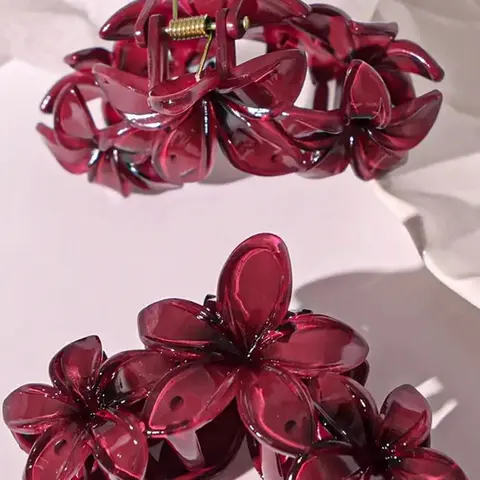 Elegant Burgundy Flower Claw Clip, Stylish Plumeria Floral Hair Claw, Sweet Decorative Hair Holder for Party Daily Wear, Claw Clip Pack