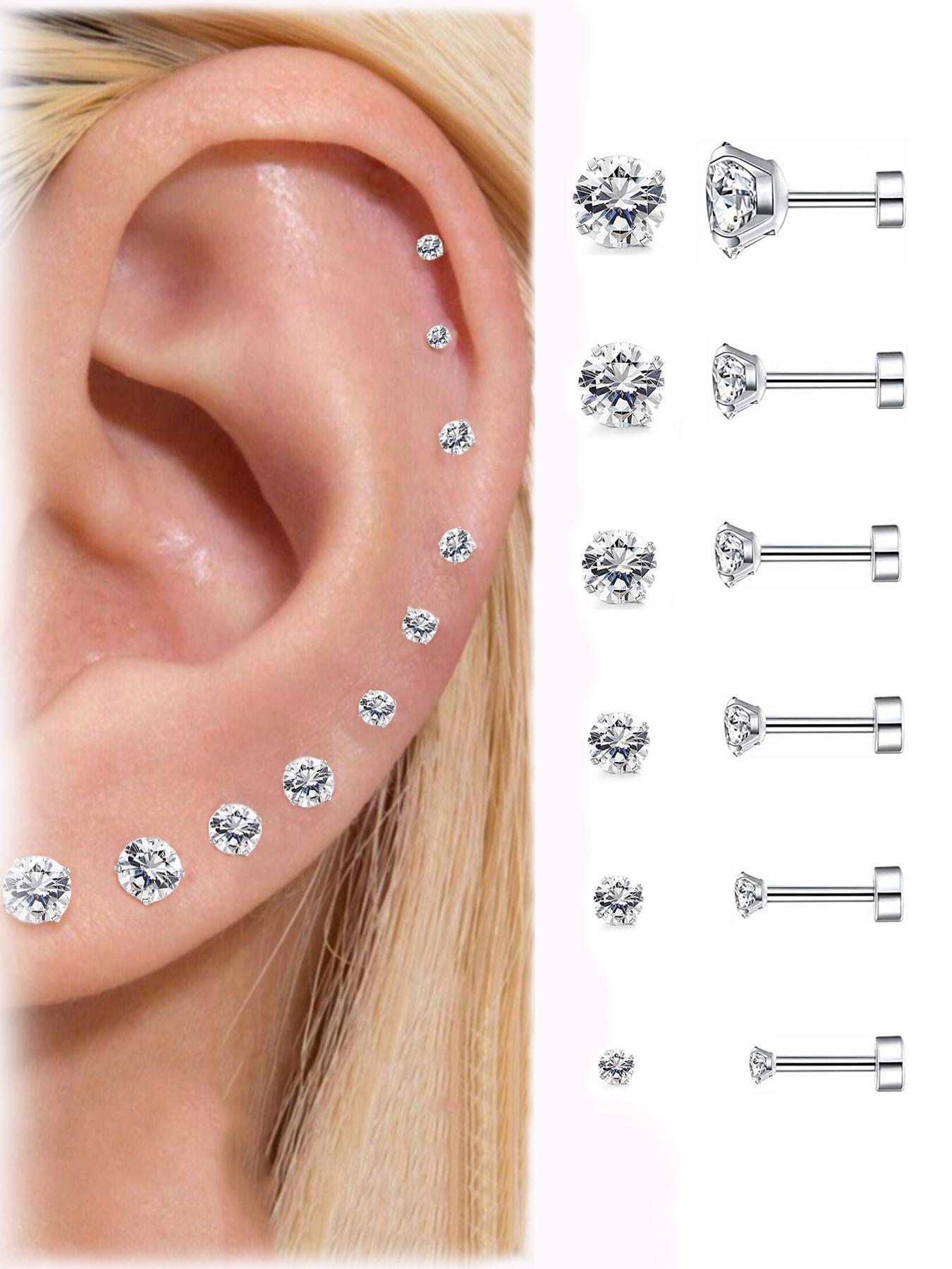 Multiple Sizes Cubic Zirconia Decor Ear Studs, Stainless Steel Material Ear Cartilage Piercing Jewelry for Women, Fashion Body Piercing Jewelry for Party, Daily Cubic Zirconia Decor, Funky Jewelry Six Pairs Variety, Rhinestone Embellishments