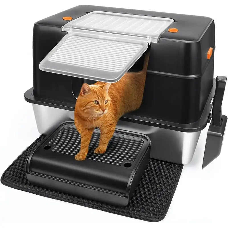 Stainless Steel Litter Box - XL Side Entry Enclosed Metal Cat Pan with Lid, All-Inclusive High-Sided Enclosure, Removable Design, Easy Clean, Odor Control, 3 Modes, Scoop Included (Black) for Big Cats, Three Modes