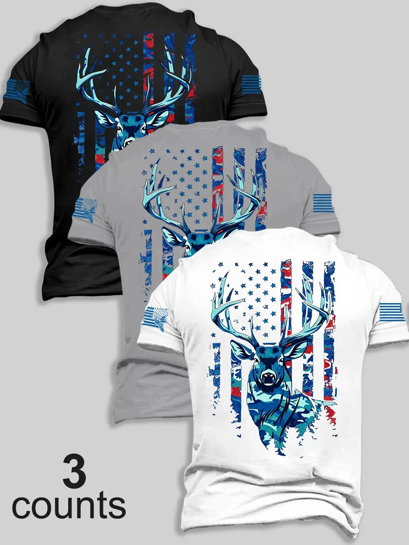 Men's 3-Pack Round Neck Short Sleeve T-Shirts, Vintage Camo Flag Deer Print, Casual Graphic Design, Soft Casual Shirt, Outdoor Hunting Streetwear, Camping Travel Top