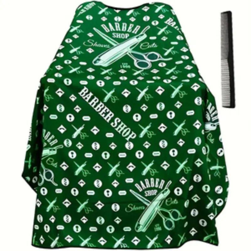 High-End Salon Quality Haircut Apron, Fabric with Razor Print, Adjustable Neckband, Includes Comb, Durable and Easy to Clean