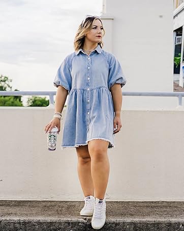 FMEYOA Womens Summer Denim Dress Button Down Short Sleeve Babydoll Dress Puff Sleeve Flowy Jean Dress FMEYOA Womens Summer Denim Dress Button Down Short Sleeve Babydoll Dress Puff Sleeve Flowy Jean Dress