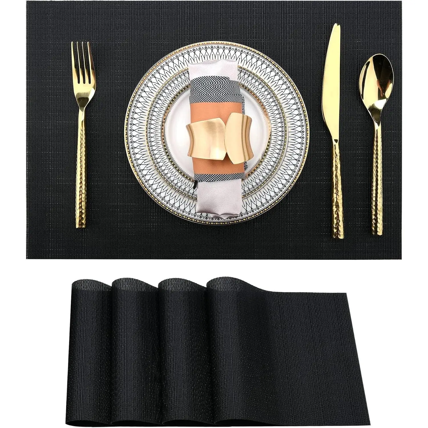 Stylish Rectangular Black Vinyl Placemats Set of 4 - Oil-Resistant, Easy-Clean, Wipeable, Heat-Proof Dining Table Mats - 17x12 in