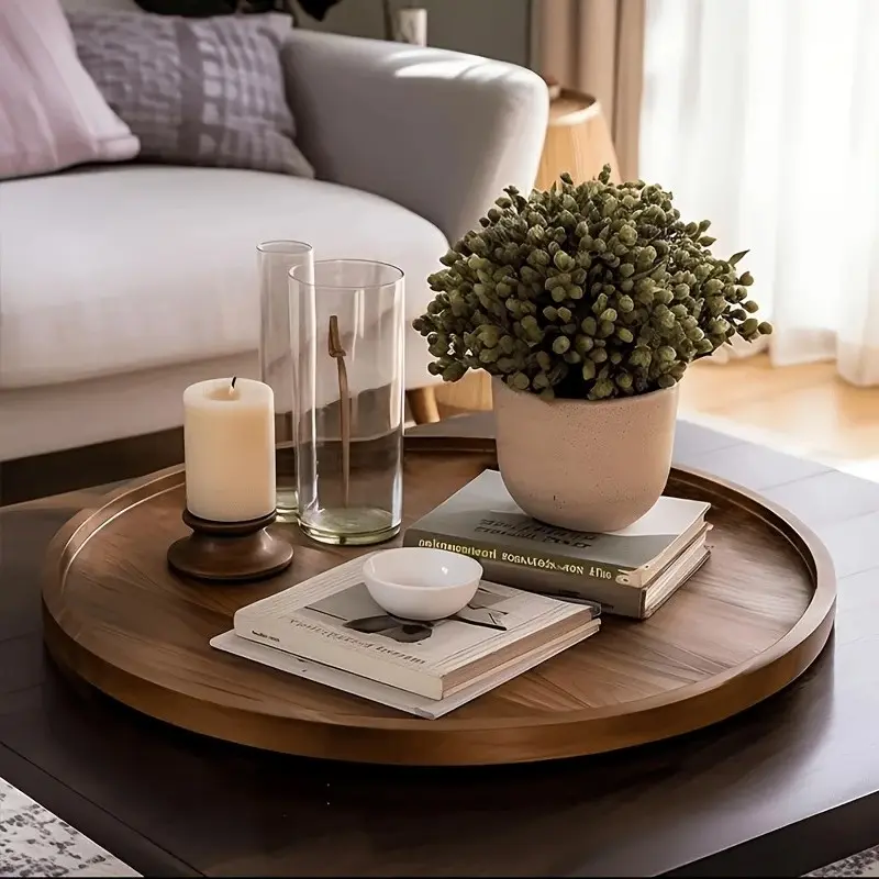 Wooden Round Storage Tray, 1-Piece Multifunctional Desktop Organizer for Bathroom, Bedroom & Living Room