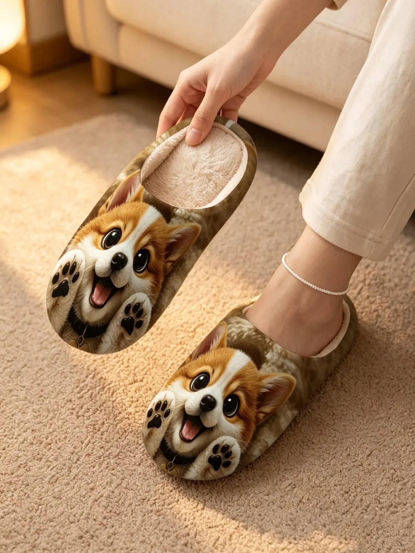 Women's Corgi Dog Pattern Slippers, Comfortable Plush Indoor Shoes, Cozy Bedroom Footwear, Warm Holiday Gift, All Seasons Casual Style
