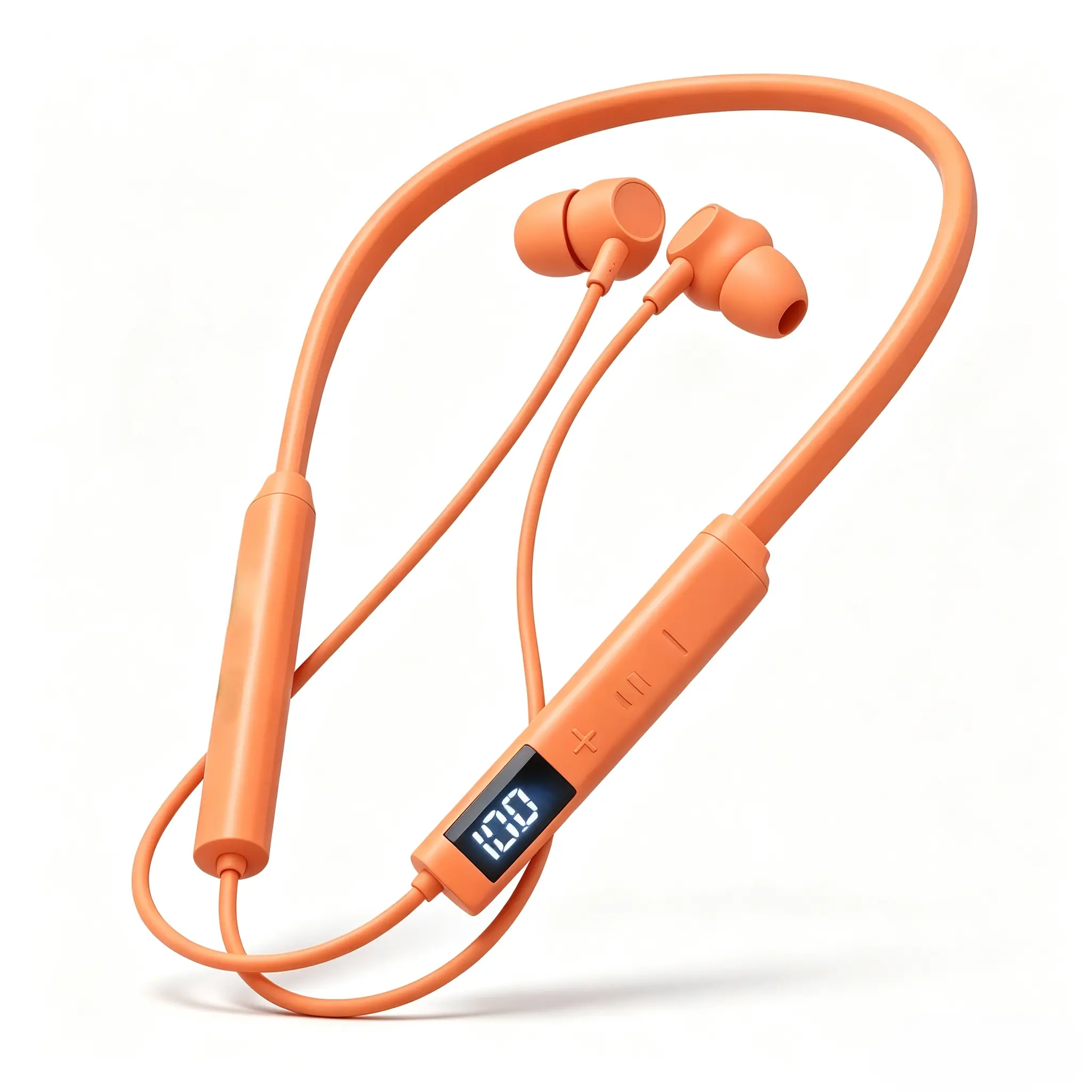 Bright Orange Hi Vis Safety Neckband Headphones Digital Display 48HR Battery Bluetooth Earbuds with Mic Warehouse Work Sweatproof Hands Free Calling