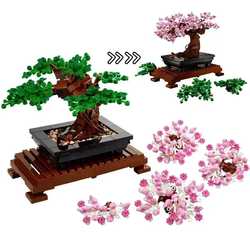 Dual-Shape Bonsai Tree Building Blocks Set, Switchable Pine and Cherry Blossom, Adult Assembly, Zen Home Decor