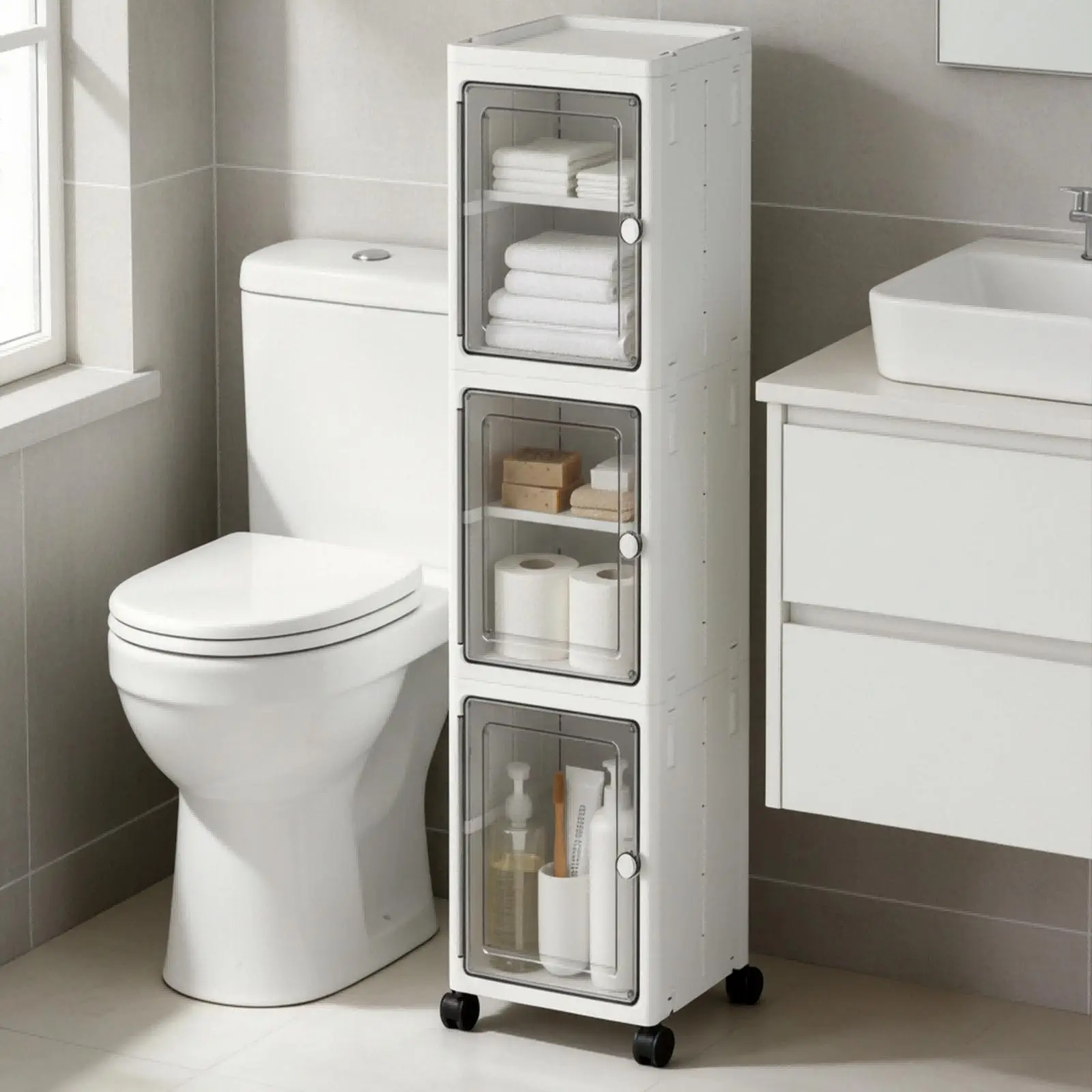 Nifogo 3-Tier Tall Narrow Storage Cabinet, Plastic Slim Storage Organizer with Doors and Adjustable Shelves, Wheels, Stackable & Collapsible Storage Cabinet for Small Spaces, Bathroom, Kitchen Cupboard, bathroom organizer,dealsforyoudays,#SummerWins