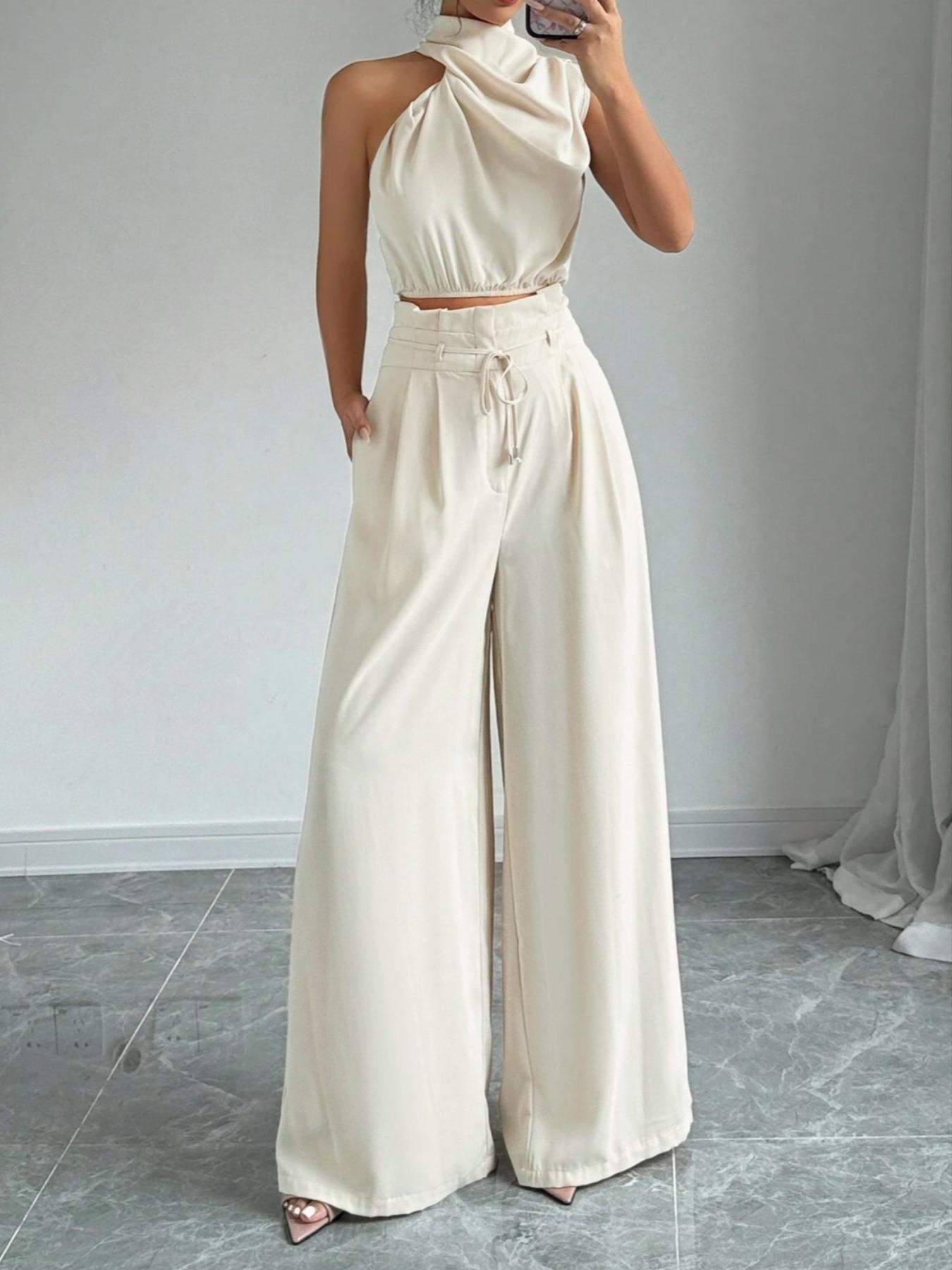 Women's Solid Color Sleeveless Crop Tank Top & Wide Leg Pants Two-piece Set Outfit, Elegant Fashion Casual Top & Trousers for Daily Outdoor Wear, Women's Clothing for Summer, Womenswear