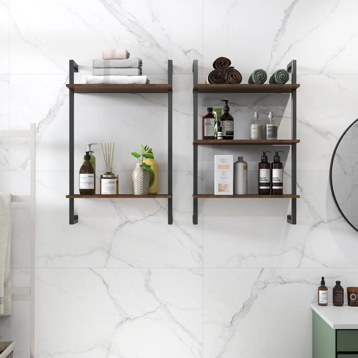 2-Tier & 3-Tier Melamine Floating Shelf, 15mm Particle Board Heavy-Duty Mounted Organizer, Decorative Space Saver with Installation Support & Display Features for Bathroom, Farmhouse Home Organization, Wall Organizer Shelf