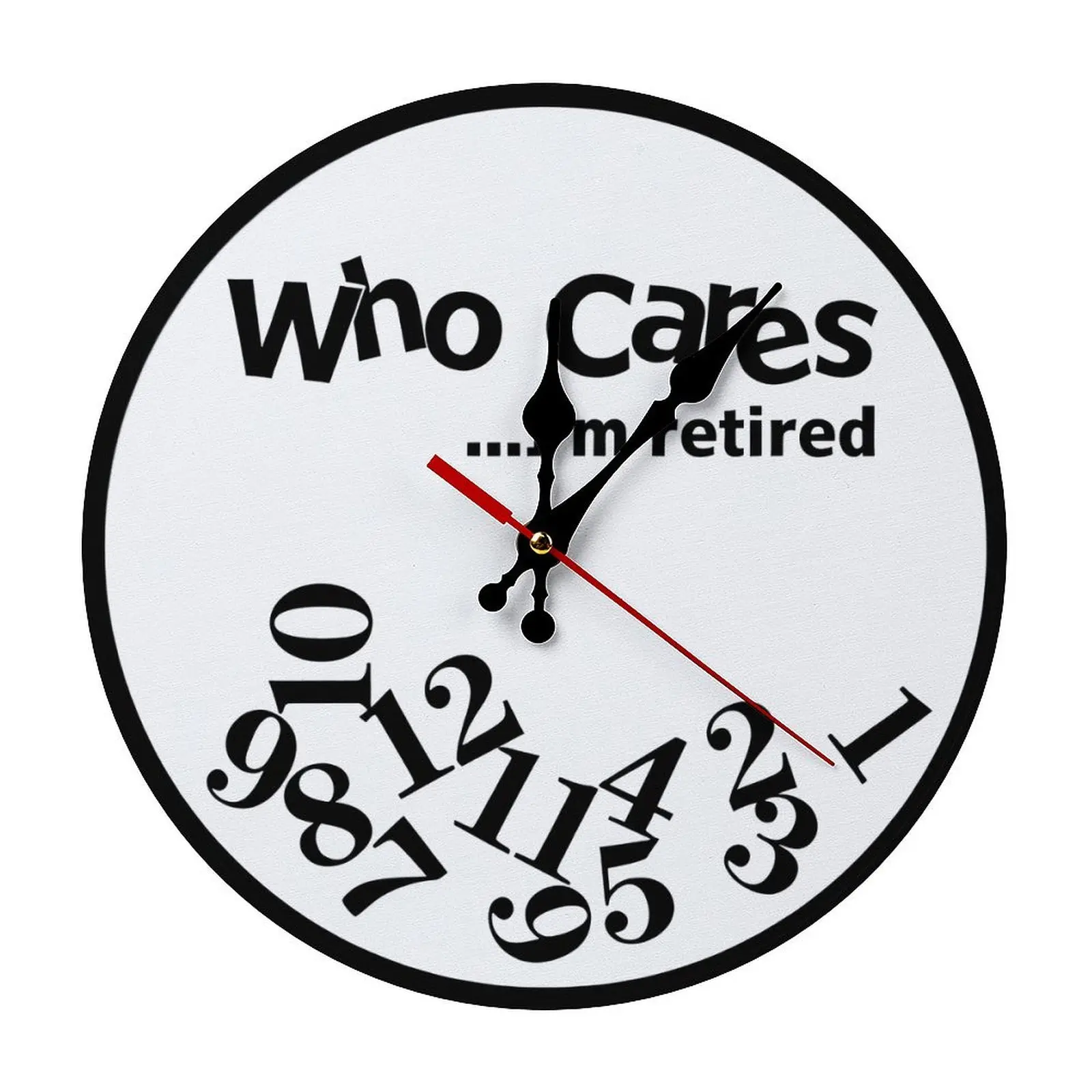 Circular Analog Wall Clock - 10/12 in Farewell Themed "Who Cares I'm Retired" Funny Quote, Jumbled Distorted Irregular Numbers, Easy Assembly, Man Cave Living Room Decor, Room Decor Home Supply