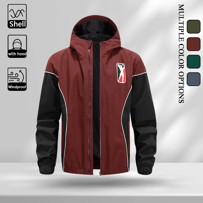 All Season Spliced Attached Hood Wind Jacket for Men, Curved White Line Trim Basketball Patch Badge Elastic Rib Cuffs, Durable Light Zip Up Windbreaker for Basketball Daily Street Outfits