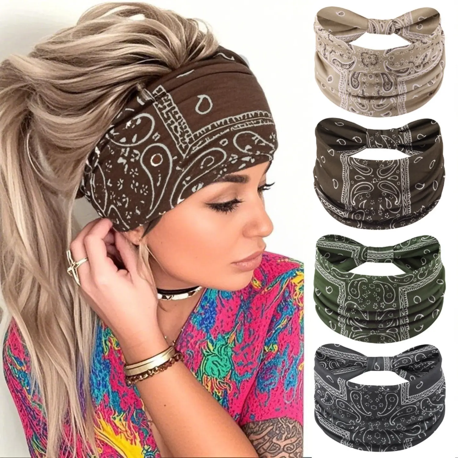 4 Pack Boho Headbands for Women Extra Wide Hair Bands Vintage Paisley Printed Turban Elastic Bandana Headwrap Non Slip Workout Yoga Running Sport Sweatband Festival Hair Accessories