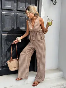 Women's Summer Striped Tie Waist Sleeveless Shirt + Long Pants Set, Vintage Boho Style, Casual Commute, 2 Piece Set