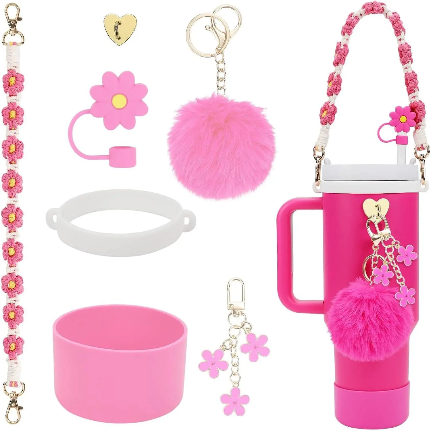 7Pcs Accessories Set for Stanley Cup 40 oz 30 oz, Water Bottle Handle Strap, Siliocne Cup Boot, Flower Straw Cover, Charms for Stanley - Rose(not include cups.)