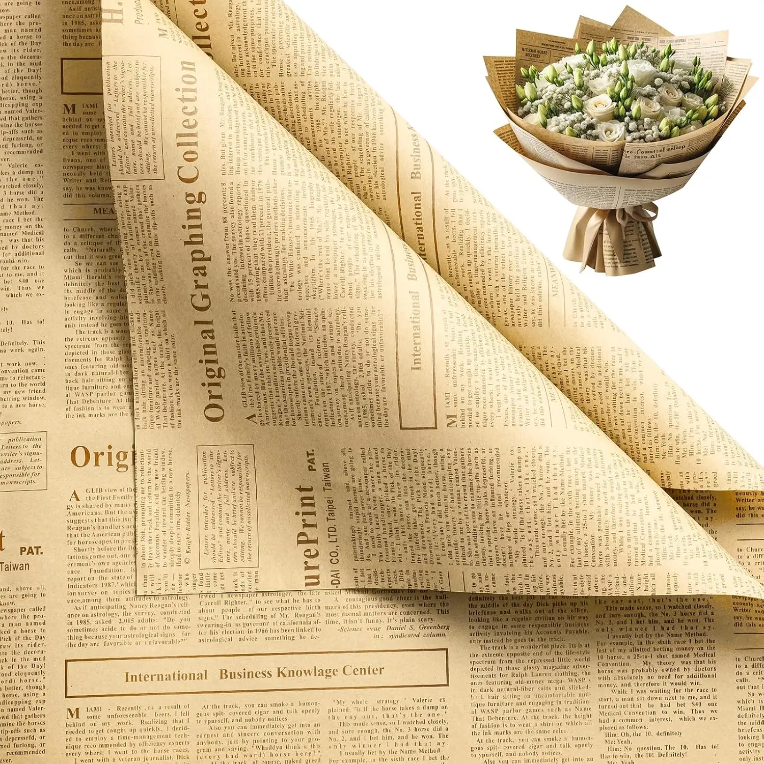 20 Sheets  Newspaper Flower Wrapping Paper - 19.6 x 27.5 inch Coffee Font  Newsprint Design Reversible Floral Bouquet Wrapping Paper for Florist  Wedding Birthday  DIY, One-Size Gifts & Wrapping