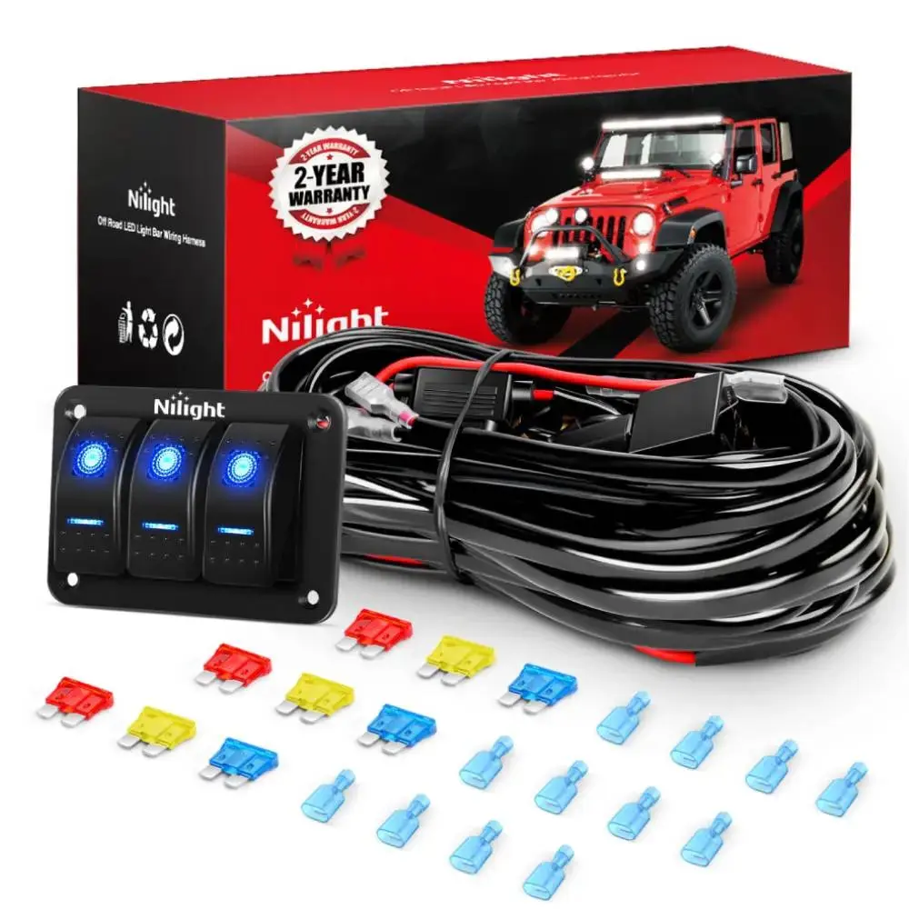 Nilight 16AWG LED Wiring Harness for Cars, Jeeps, Trailers, Ships, Yachts, Motorcycles - 6 Leads, 3-Gang Rocker Switch, 9 Fuses, 12 Spade Connectors, Automotive Tools