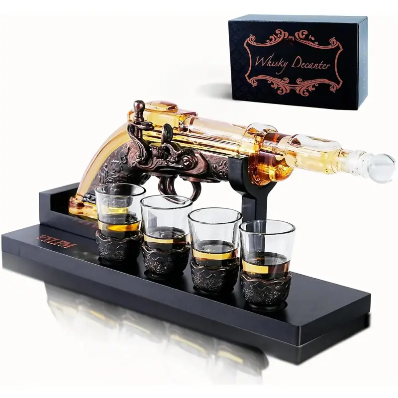 Classic Stainless Steel Bar Utensils Decanter Set with 4 Shot Glasses - Cool Home Bar Addition, Safe EPE Packing Gift Idea for Men, Fun Conversation Starter Dispenser, 380Ml