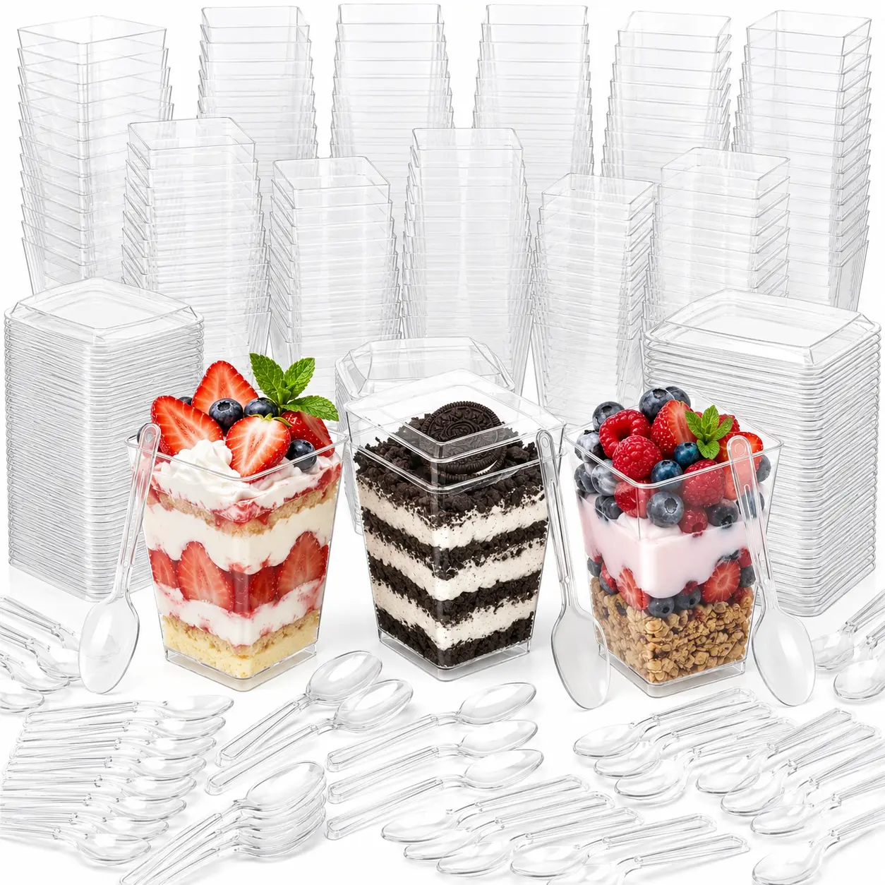5oz Square Hard Plastic Dessert Cups 50‑Set with Lids & Spoons,stackable portable mini serving containers to cut messy spills for layered treats,fit picnic outdoor serving,pre‑portioned cups for make‑ahead pudding mousse parfait fruit salad for party
