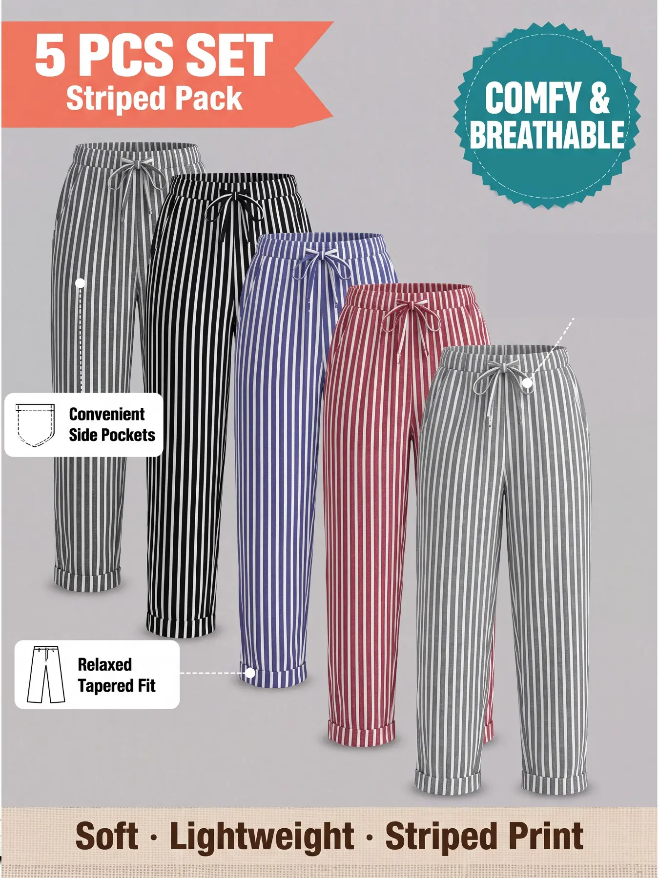 2026 Fall Vintage Striped 5-Pack Women Cropped Tapered Pants, High Waist Slim Fit, Breathable Joggers, Retro Shades, Streetwear Style