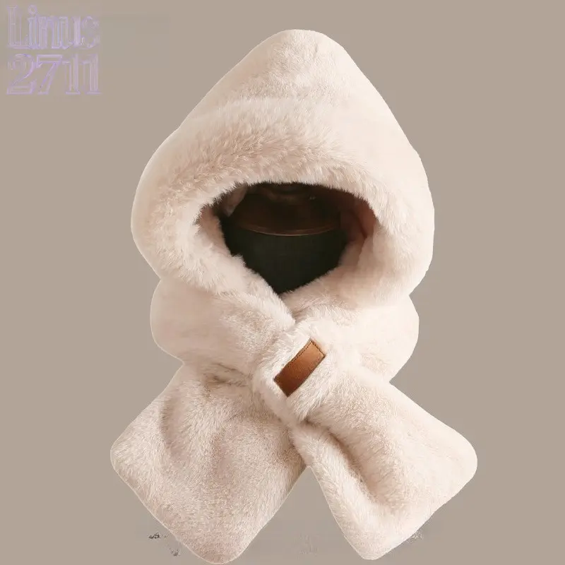 2 In 1 Faux Fur Integrated Hat Scarf Winter Windproof Ear Protection Thermal Hood Scarf Balaclava for Women Cycling Outdoor