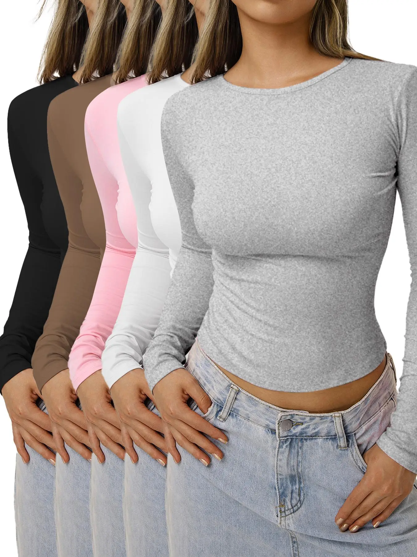 Women's Long Sleeve Fleece T-Shirt Set of 5 Casual Slim-Fit Plain Design, Comfortable Everyday Base Layer Top, Perfect for Daily Wear