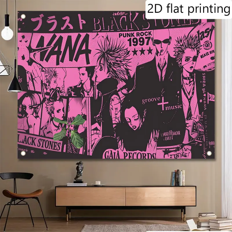 wolass Nana Anime Decorative Tapestry Prt Wall Hangg - Japanese Manga Art Poster with Nana & Black Stones Punk Rock, Pk & Black Cool Aesthetic Wall Decor for Otaku Fans, Music Lovers, Dorm, Bedroom, for halloween/Christmas/New Year Party - Durable