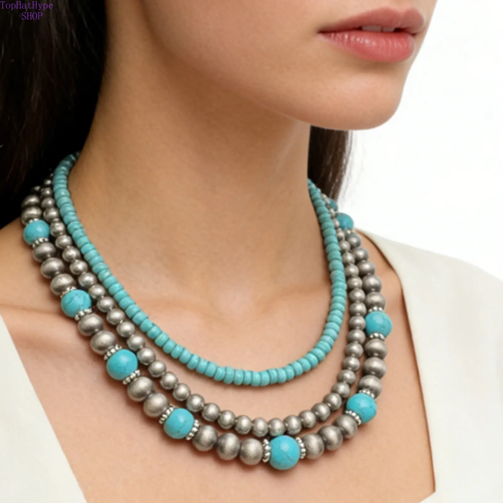 Turquoise Necklace Set for Women, 3-Piece Layered Vintage Western Jewelry, Navajo Style Stackable Tin Bead Pendants for Casual & Beach Wear, Turquoise Jewelry, Casual Wear, 3-Pieces, Female Jewelry