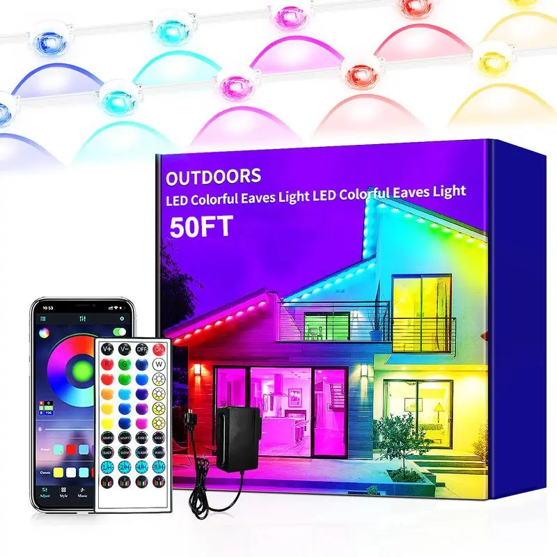 50 Feet Permanent Outdoor Light, RGB Colorful Eave Lamp, DIY Scene Mode String Lights, Ip67 Waterproof, Christmas, Garden, Party Decor, RGB LED Lighting