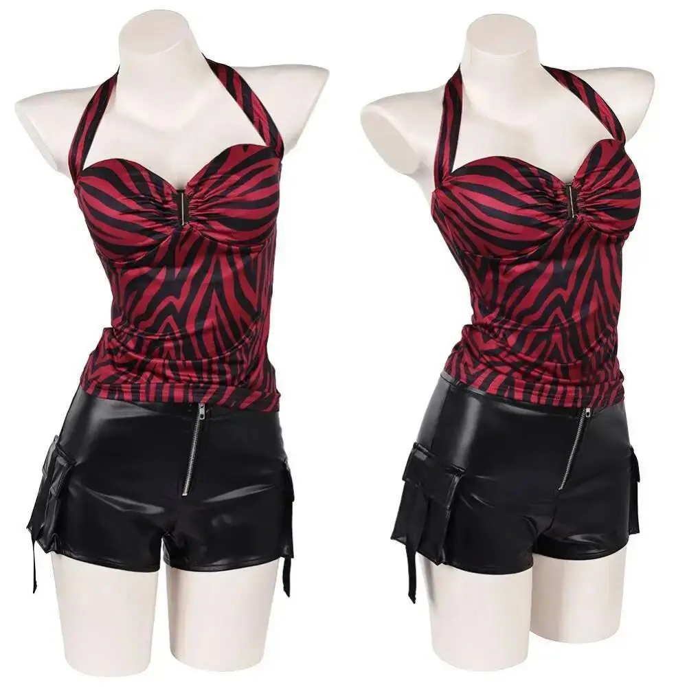Women Obsession Nikki Full Cosplay Set Zebra Halter Top Faux Leather Cargo Shorts Punk Street Style Halloween Fancy Costume