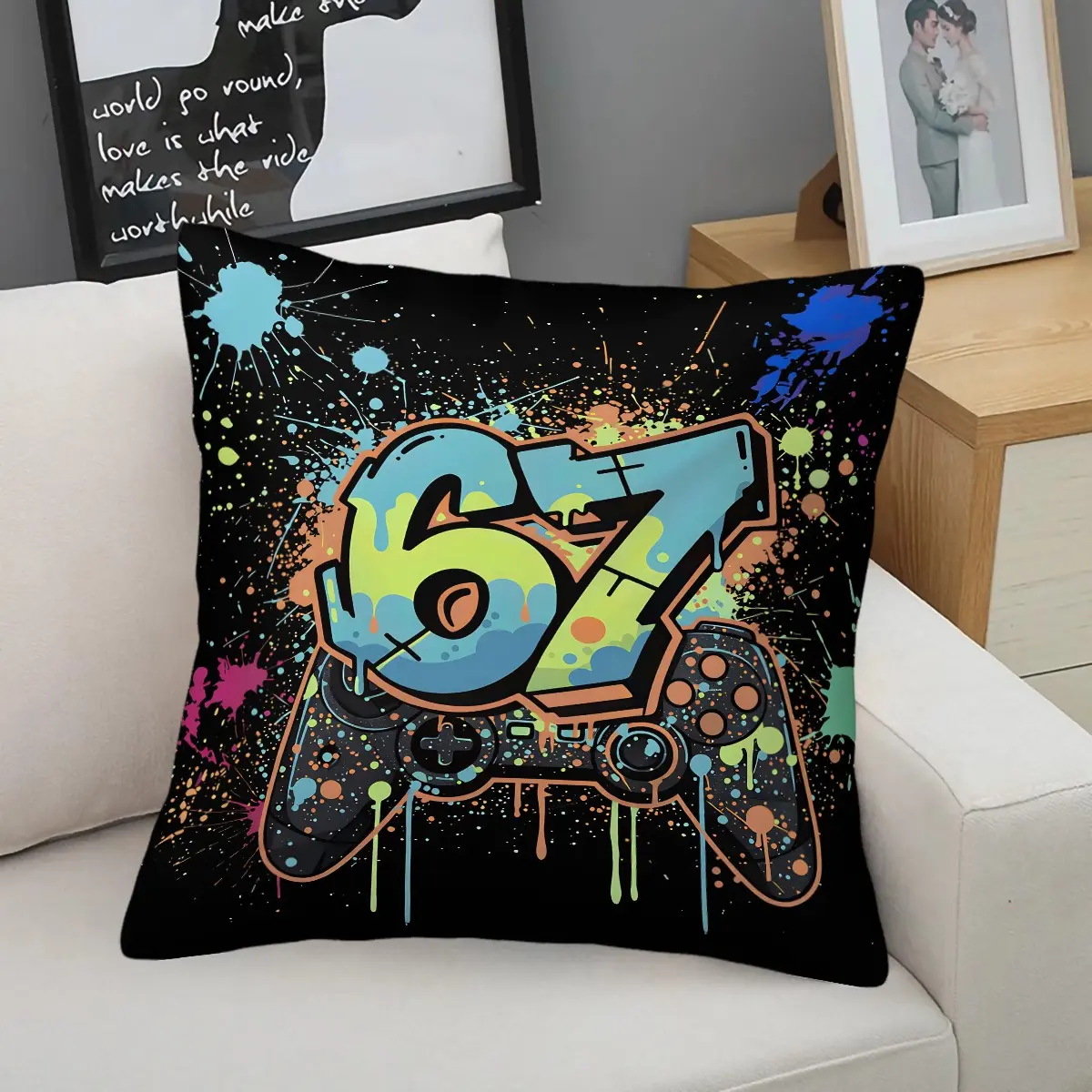 Gamer 67 Neon Graffiti Throw Pillow, Cool Gamepad Cushion Includes Pillow Core, Colorful Splatter Street Art Accent Pillow for Sofa, Couch, Bedroom, Gaming Room, Dorm, Trendy Decor Gift for Teen Boys & Gamers