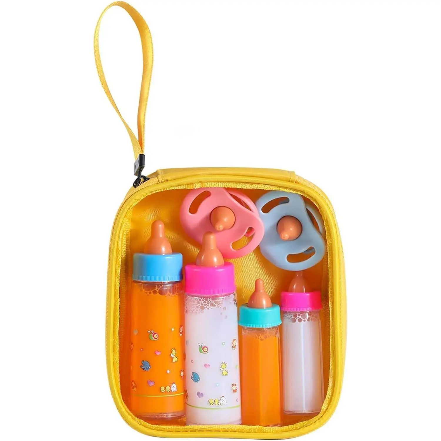 Baby Doll Toy Bottles Plastic Set - 6 Pcs Feeding Bottle Toys with Magic Disappearing Milk & Juice, Magnetic Paci, Pretend Play Kids Gift for Babies, Yellow New Model (No Warning Applicable)
