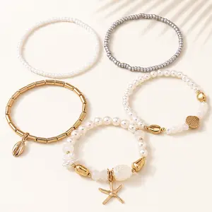 Beach Inspired 5-Piece Bracelet Set – Pearl & Shell Charm Layered Bracelets, White Gold Ocean Beaded Jewelry, Summer Stackable Anklet & Wrist Set