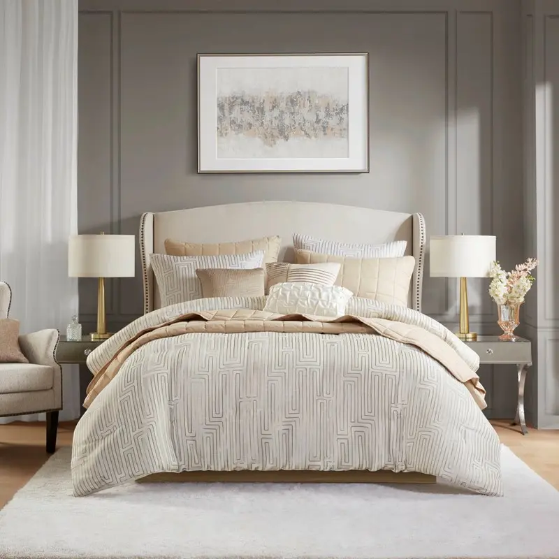 Nokaa 10-Piece King Luxury Jacquard Comforter Set Ivory Bedding Ensemble with Quilt, Shams, Decorative Pillows, and Bed Skirt for All-Season Comfort