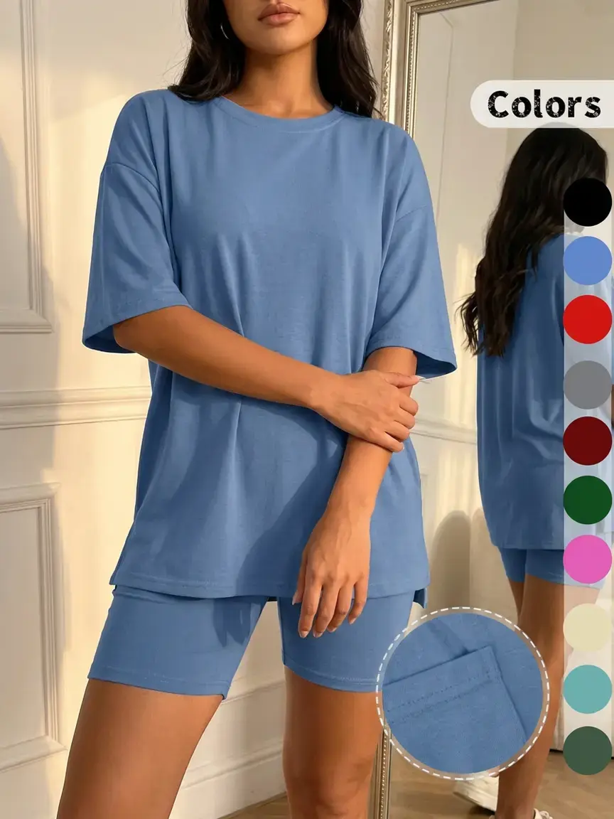 Women's Solid Color T-Shirt and Tight Shorts Lounge Set, Casual Comfortable Round Neck Loungewear Sleepwear for Summer, Features Pockets and Suitable for Outdoor Wear,Women's Pyjama Set, Pajamas