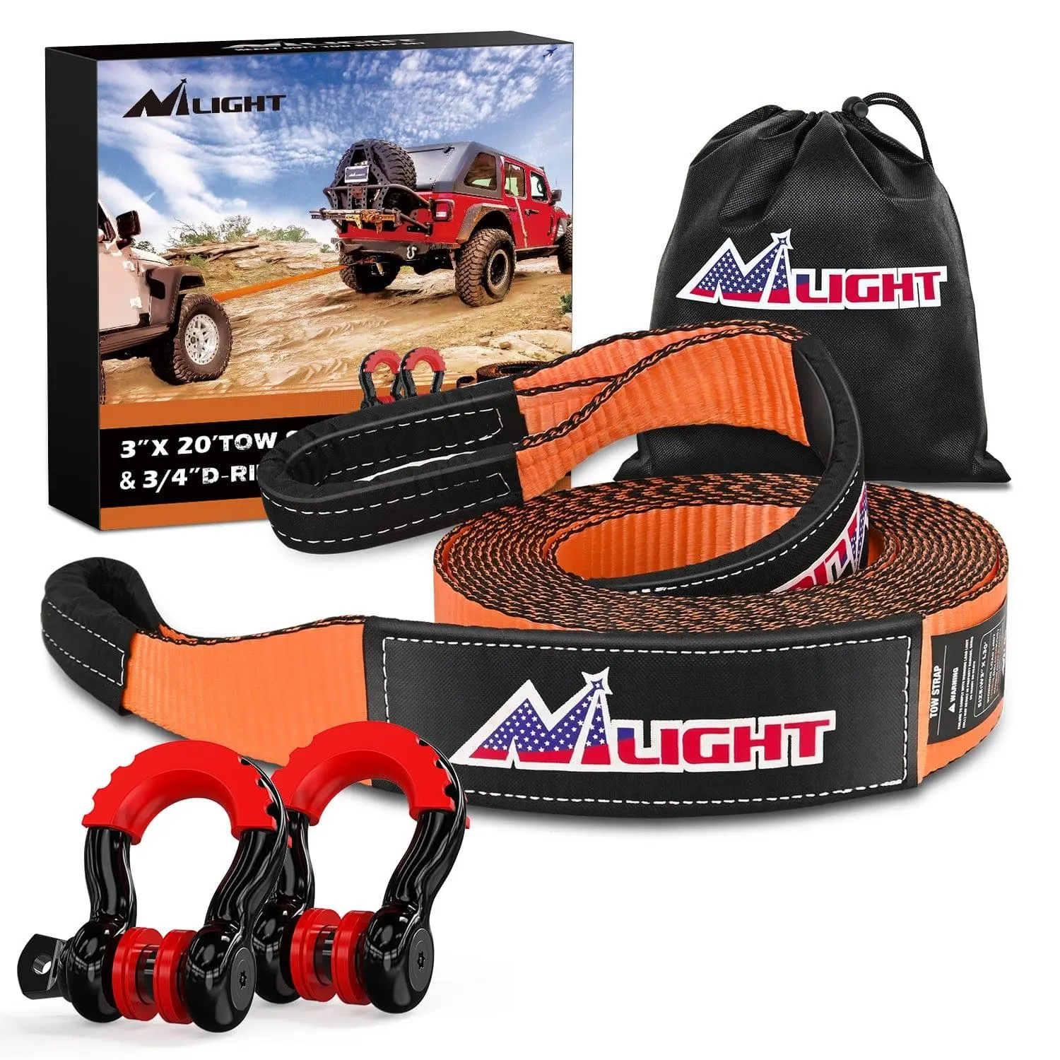 Nilight 3 x 20Inch Recovery Tow Strap with Anti-Theft D-Ring Shackles