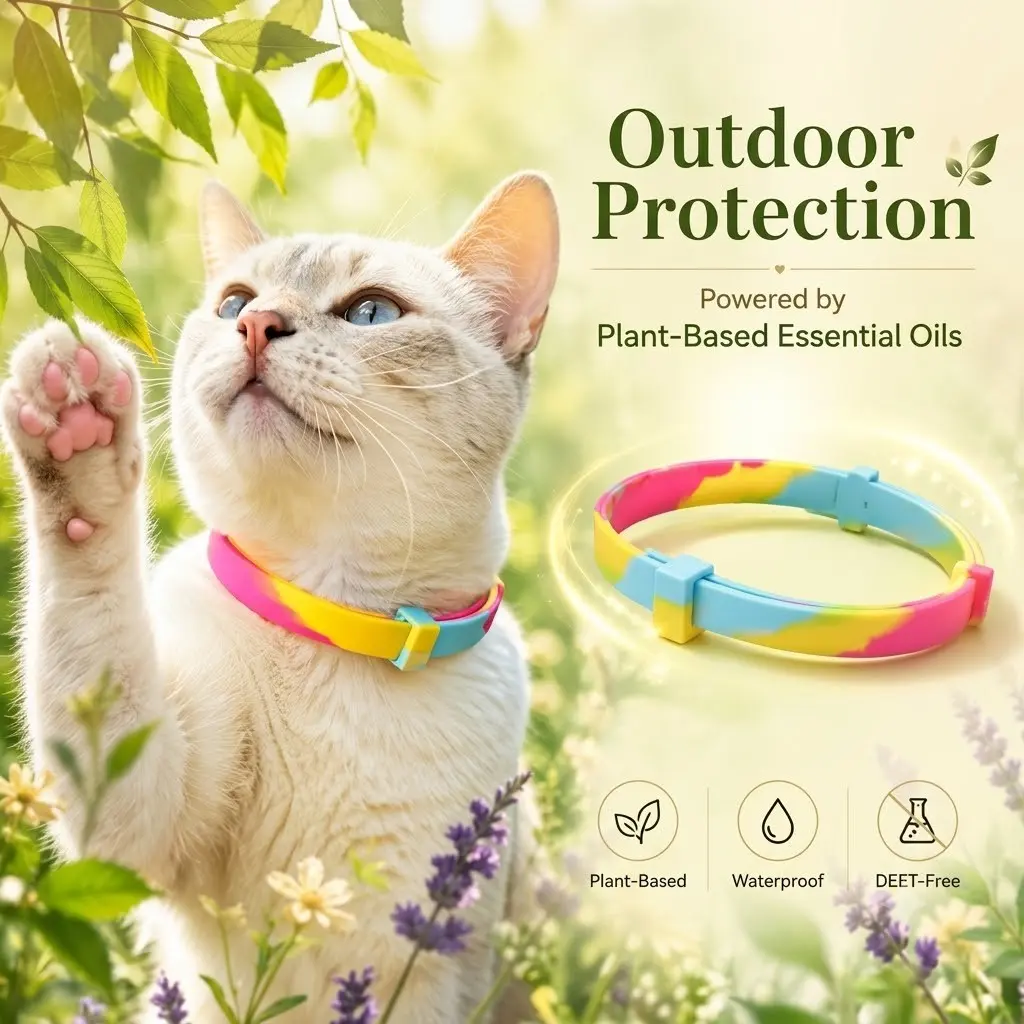 ⭐ BugShield Rainbow Cat Collar - Natural Essential Oil Flea & Tick Repellent Collar for Cats, Waterproof Plant-Based Outdoor Protection with Premium Aluminum Case, DEET-Free🌿