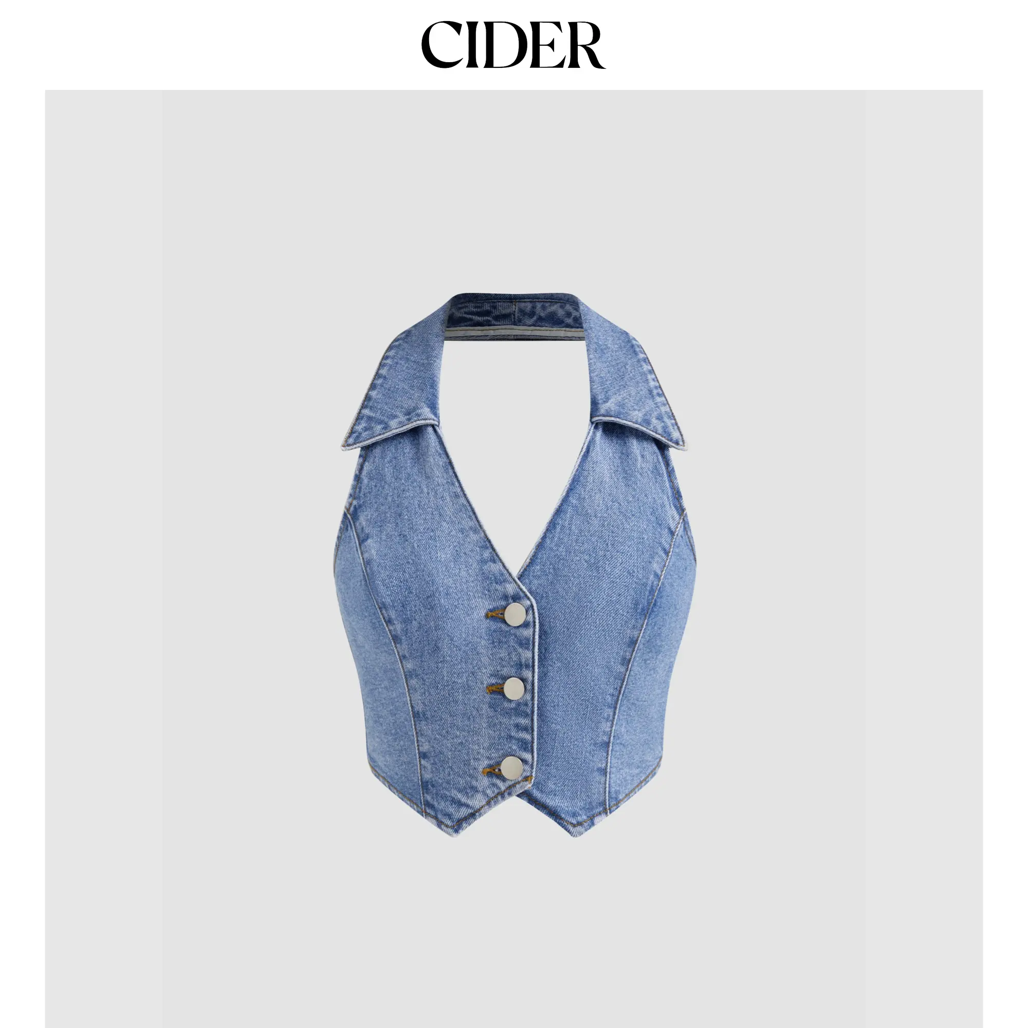 Cider [size 0-10] Denim V-neck Solid Button Halter Crop Top SummerWins SummerFinds