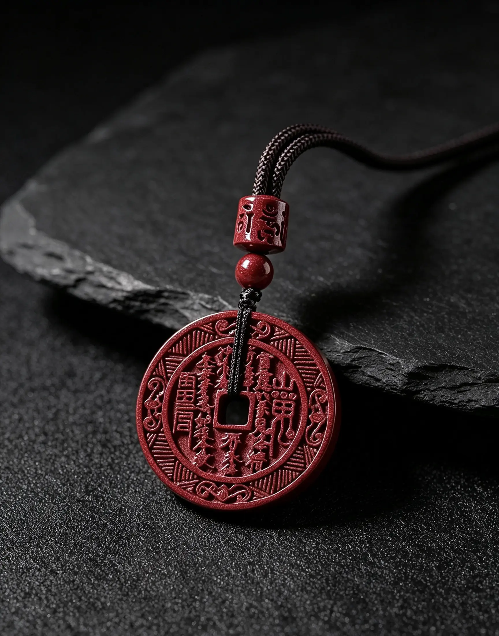 Traditional Carved Cinnabar Stone Coin Necklace & Keychain Set, Long Retro Clavicle Pendant for Protection & Fortune, Unisex, Square Hole, 2026 Zodiac