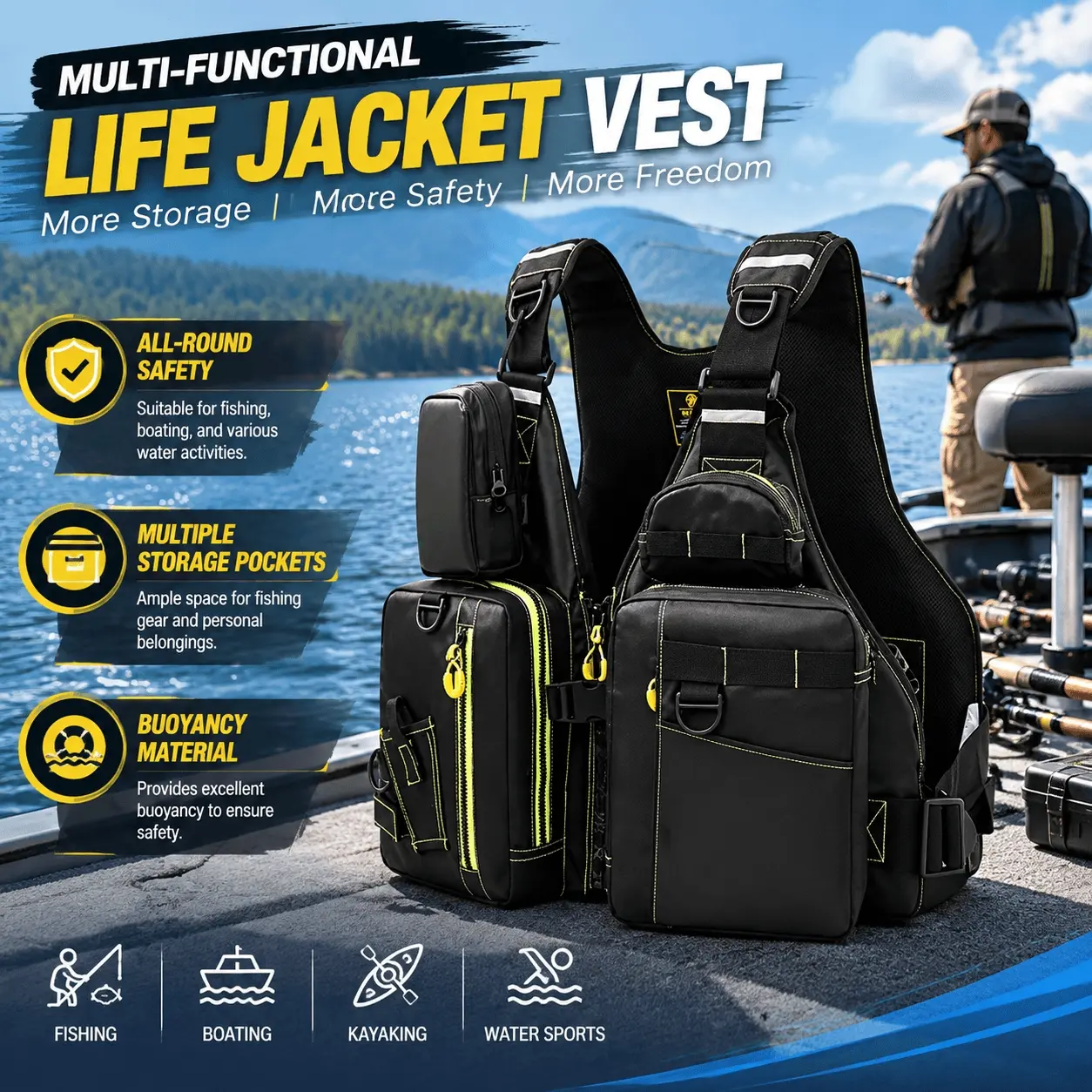 1PC Multifunction Life Jacket Vest, a for Outdoor Fishing, Boating and Safety. Multiple Pockets, Buoyancy Material, Adjustable, for Flotation During Water Activities