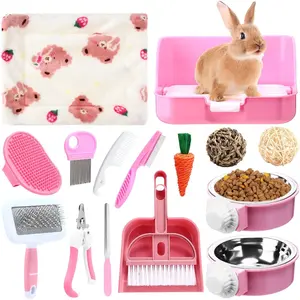 15 Pcs Rabbit Starter Kit Small Rabbit Litter Box Girls Gift Animal Grooming Kit Bunny Toys Bowl Blankets with Cleaning Set  Guinea Pig Accessories(Pink)
