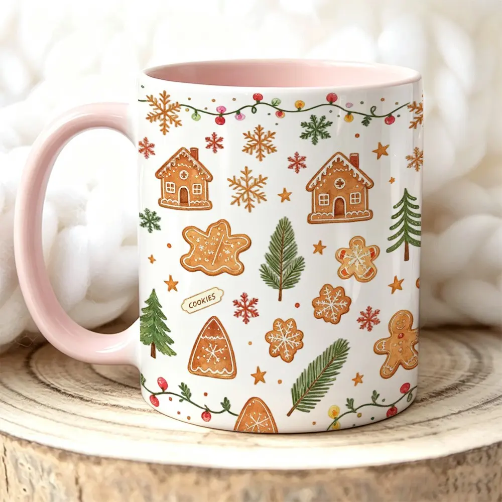 Christmas Mug, Gingerbread House Cookie Coffee Mug, Winter Snowflake Pine Tree Ceramic Coffee Cup, Perfect Gift for Family & Friends, Beverage Mug