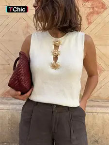 Women's Round Neck Plain Slim Fit Knitted Vest with Sun-Embossed Metal Buttons, an Everyday Boho Style Sleeveless Top for Comfortable & Stylish Daily Wear.