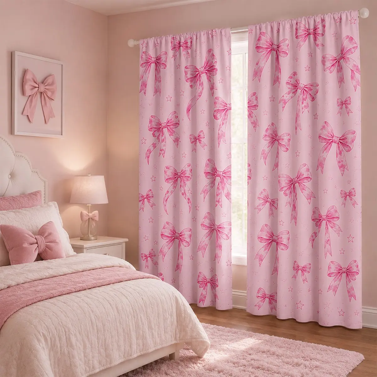 2-piece set, pink bow girl style printed curtains, pole bag polyester bedroom curtains, sweet and romantic home decoration, living room bay window decoration, room soft furniture, curtain textiles
