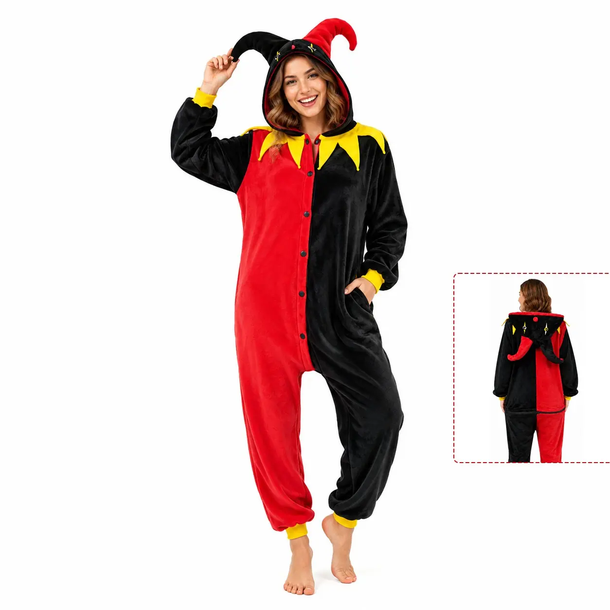 Unisex Adult Jester Clown Plush Hooded Onesie Pajamas, Soft Fleece Zipper Jumpsuit, Halloween Christmas Costume Loungewear