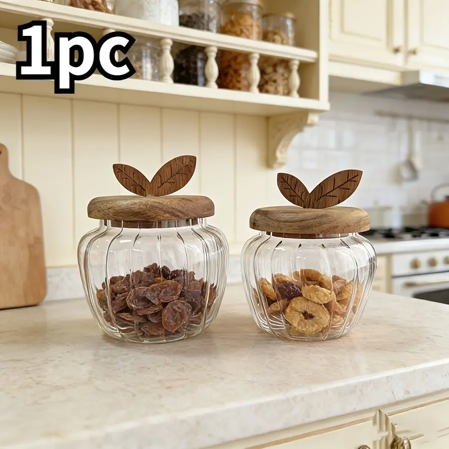 Vintage Pumpkin Glass Storage Jar, High Borosilicate Material, Wooden Lid, Ideal for Kitchen Spices, Desktop Decor, Home Organization