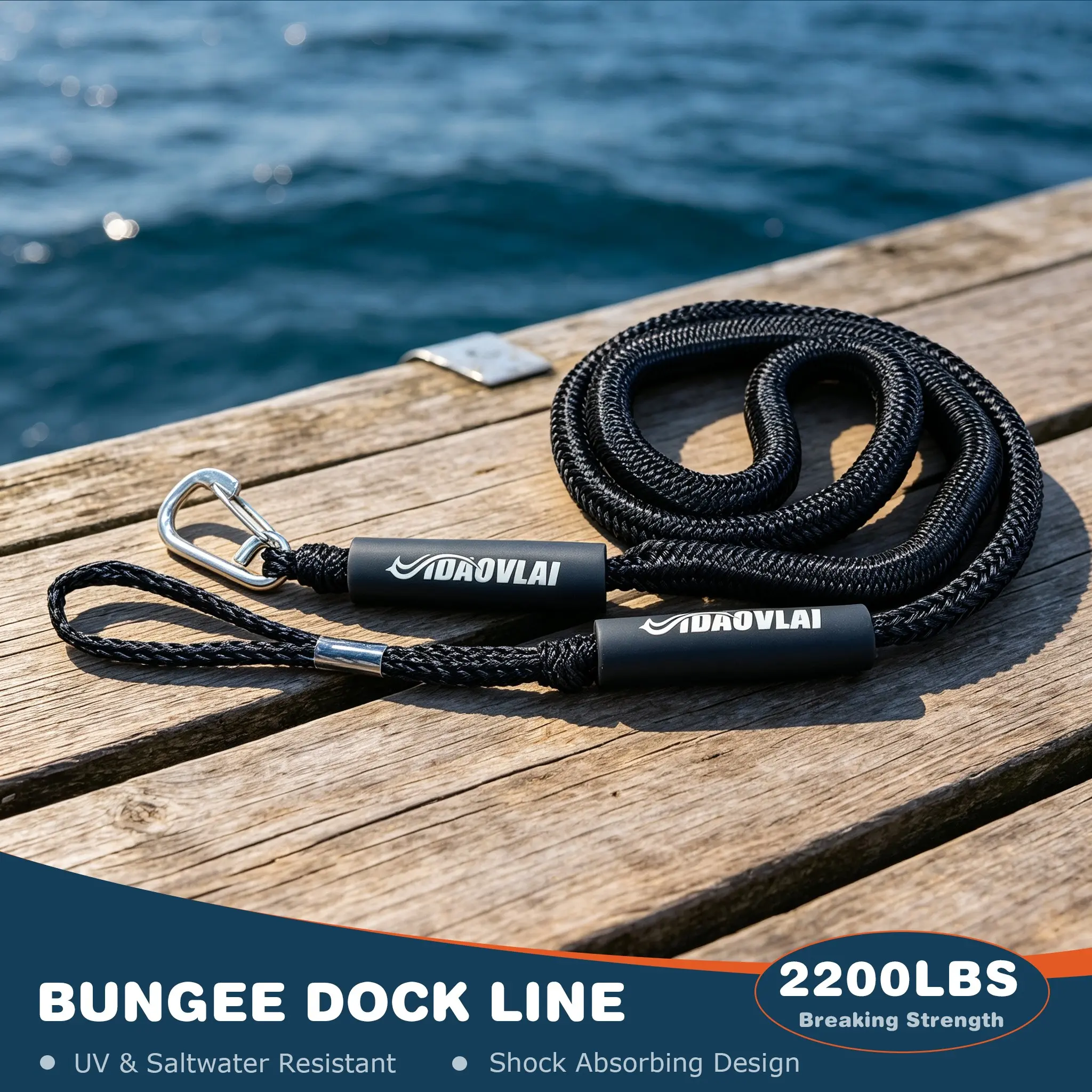 IDAOVLAI Black 7ft Bungee Dock Rope for Jet Ski Pontoon Fishing Boat, Shock Absorbing Docking Line with Hook & Loop,1 or 2 Pack Available
