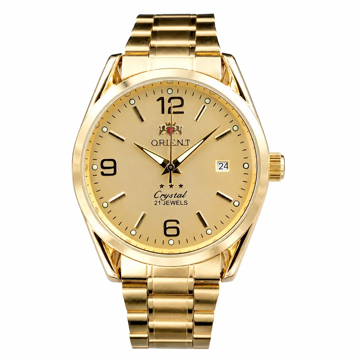 Men's Classic Gold Automatic Mechanical Watch - Orient Crystal 21 Jewels 3-Star, Luminous Hands, Date Display, Full Gold Stainless Steel Bracelet, Luxury Vintage Analog Dress Watch for Business Casual Use, Ideal Father's Gift