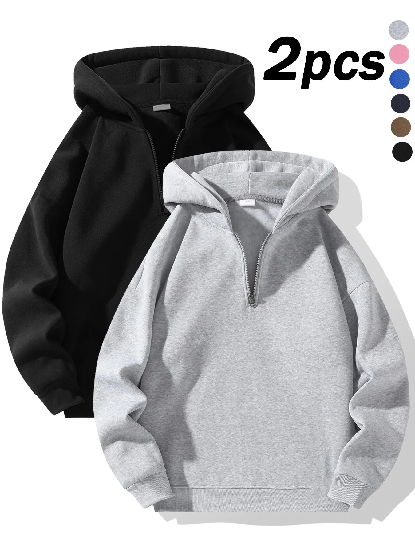 Men's Solid Half Zip Up Thermal Lined Blank Hoodie, Regular Fit Casual Drop Shoulder Long Sleeve Hooded Sweatshirt for Fall & Winter, Men's Clothes for Daily Wear, Menswear, Plain Hoodie
